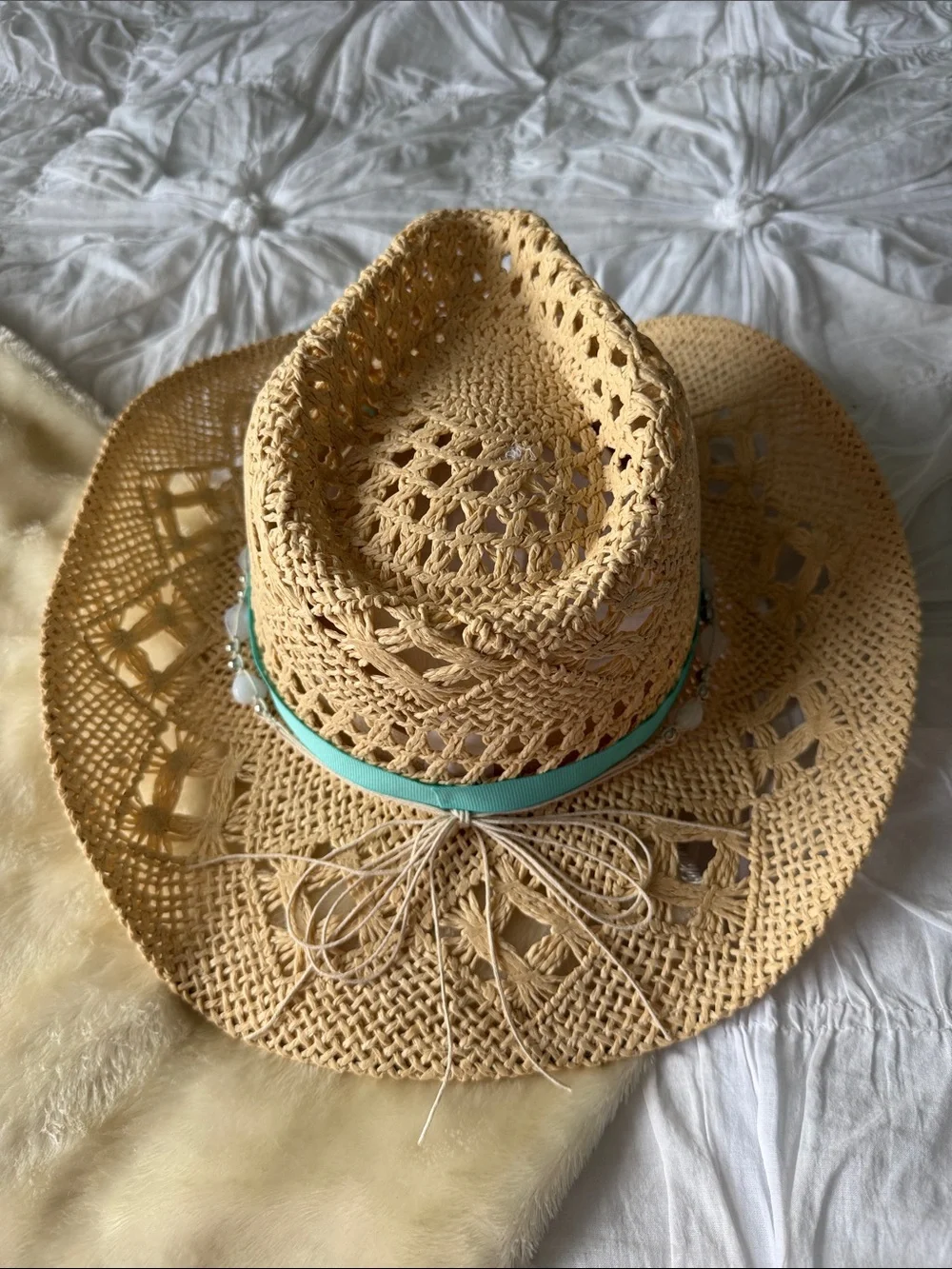 Straw Crochet Cowgirl Hat with Turquoise Band and Bead Trim - Picture 2 of 3